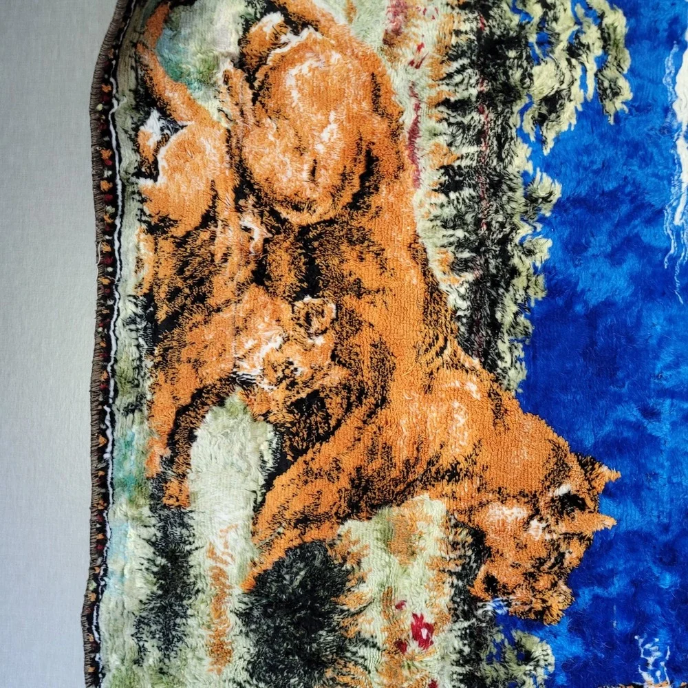 Vintage 1970s Woven Lion Tapestry Wall Hanging Retro Kitsch Boho Man Cave Decor
